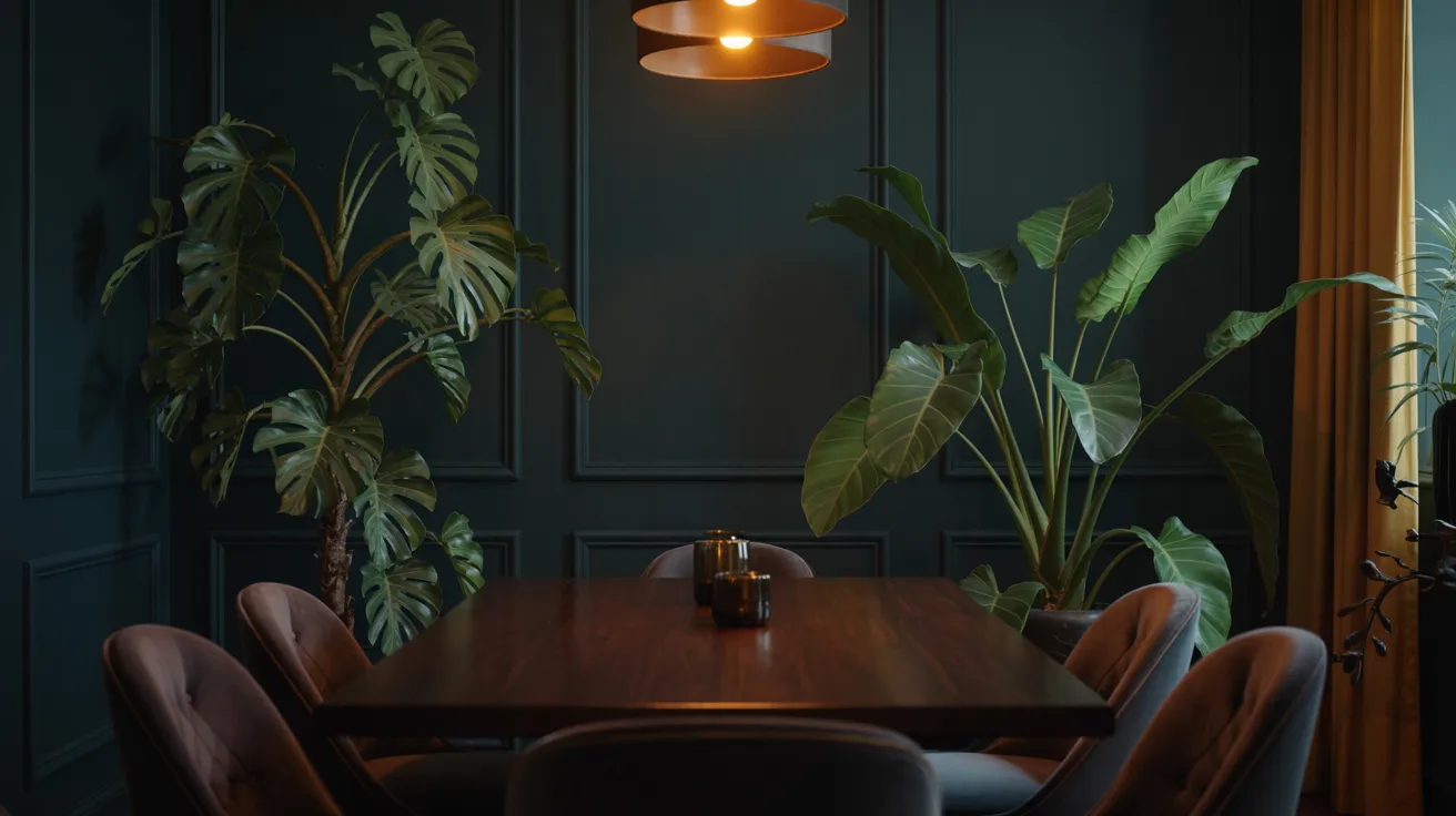 A dining room with rich dark green walls and a central table, creating an inviting atmosphere.