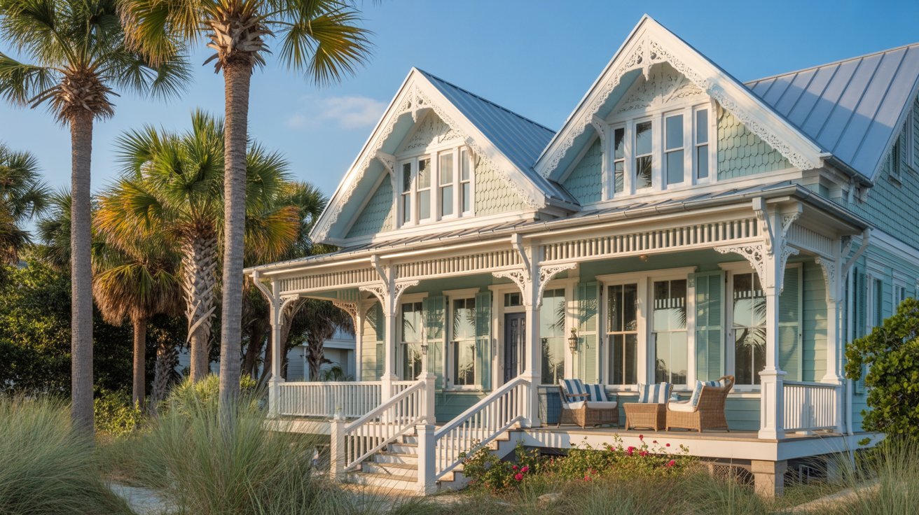 A blue house with white trim surrounded by palm trees under a clear sky.