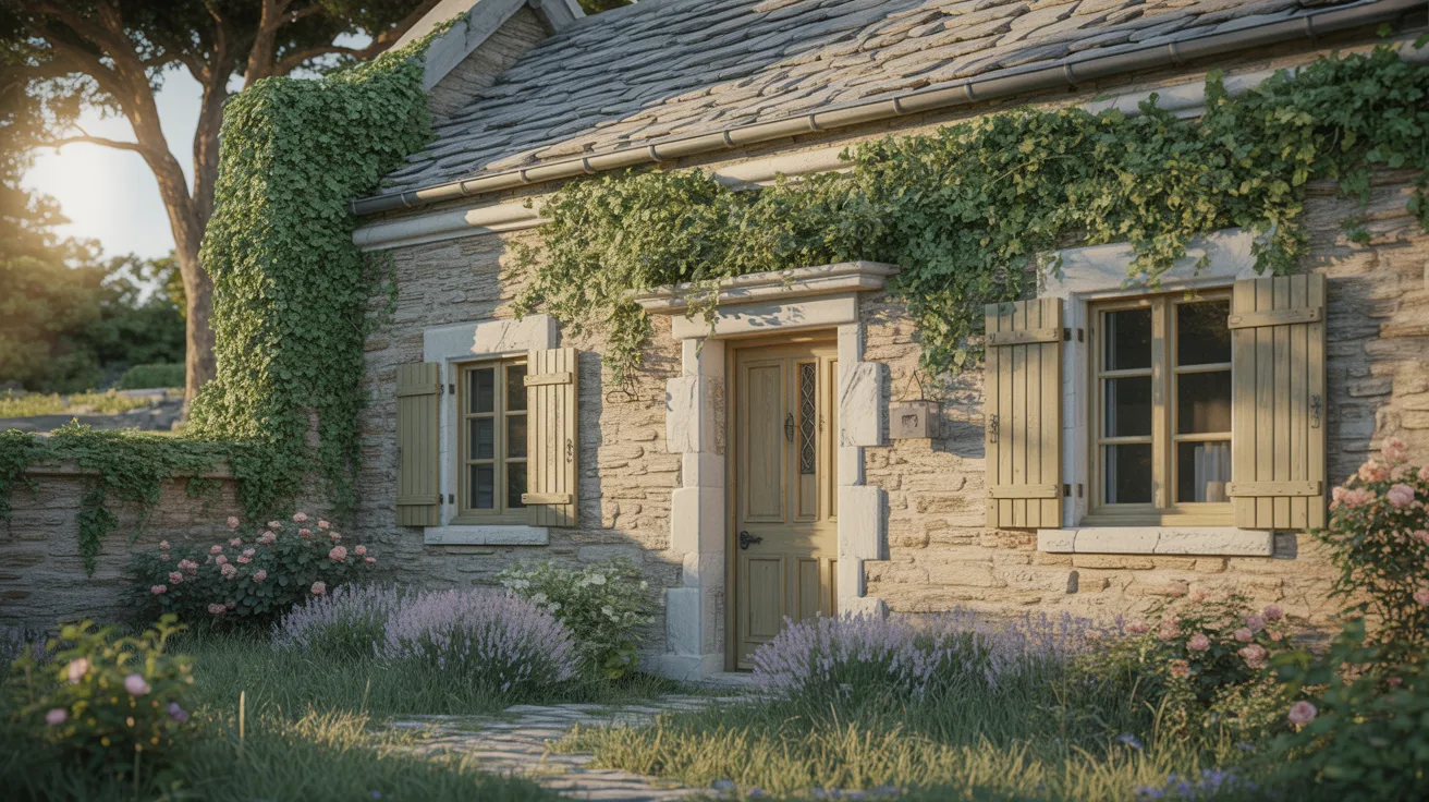 A quaint stone cottage adorned with lush ivy climbing its side, set against a serene natural backdrop.