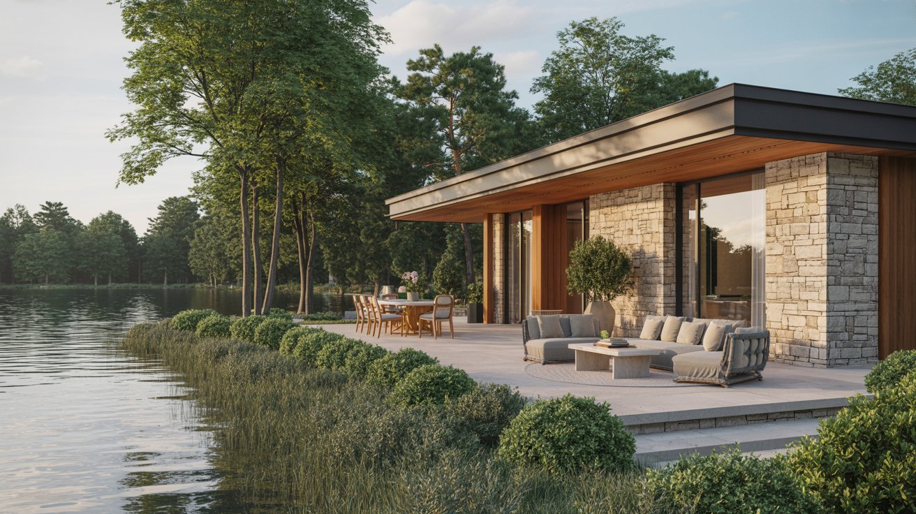 A sleek modern house situated on the shore of a tranquil lake, surrounded by lush greenery and clear blue skies.
