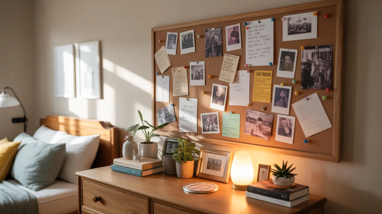 A cozy bedroom featuring a bed, a nightstand, and a cork board adorned with various pictures.