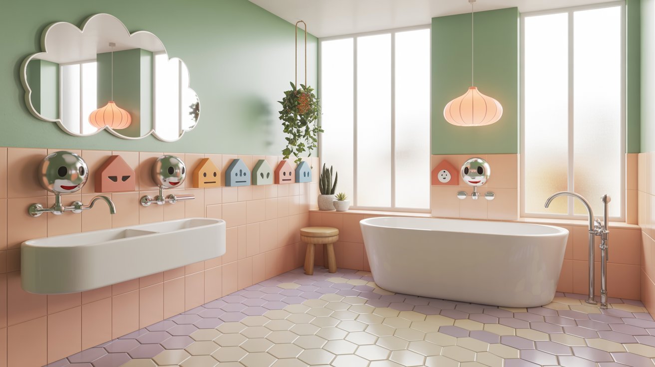 A stylish bathroom with pink and green walls, showcasing a white bathtub against the vibrant colors.
