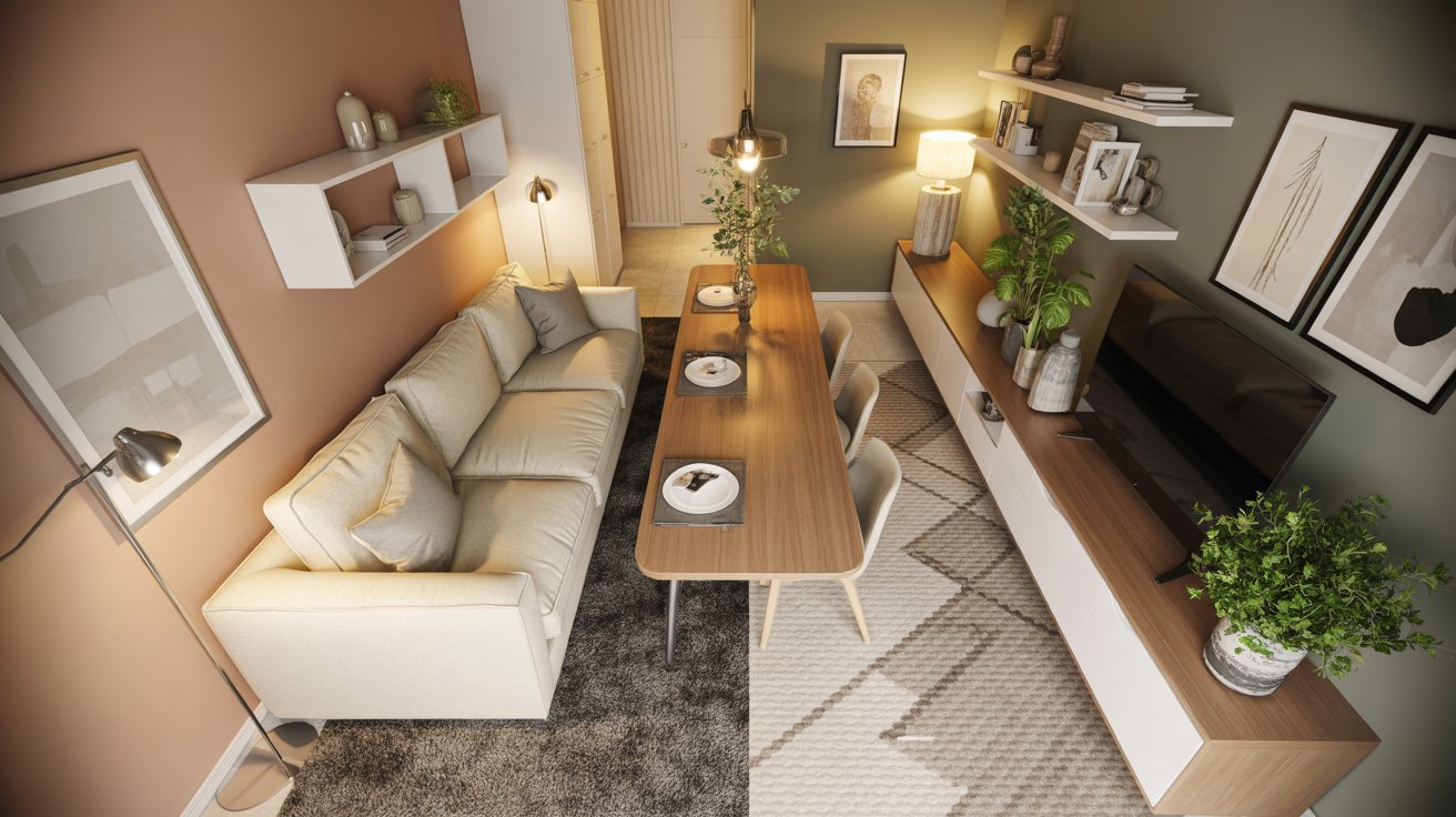 A modern living room featuring a stylish couch, a table, and chairs arranged for comfort and socializing.
