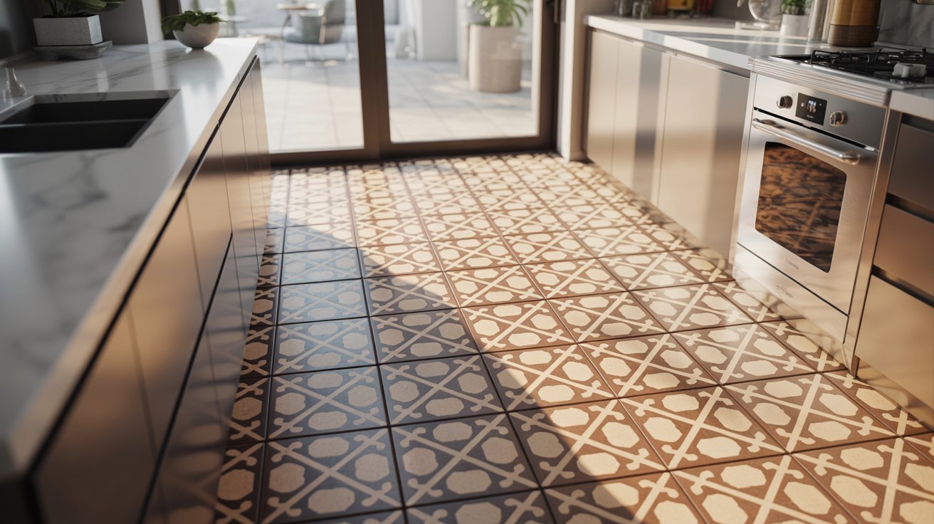 A kitchen featuring a tiled floor and a window, providing natural light and a spacious atmosphere.