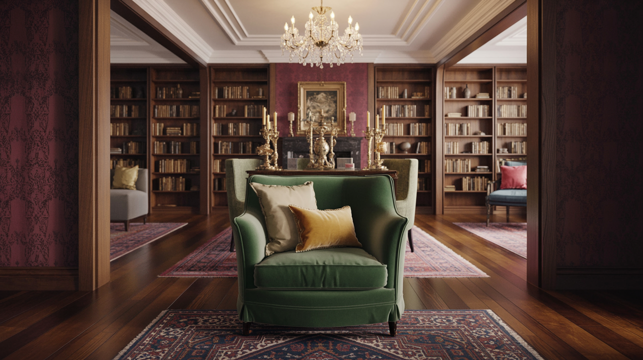 A green chair located in front of a bookcase, which is stocked with numerous books.