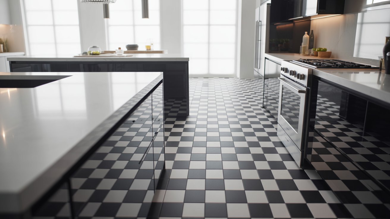 A kitchen featuring a black and white checkered floor, adding a timeless design element to the space.
