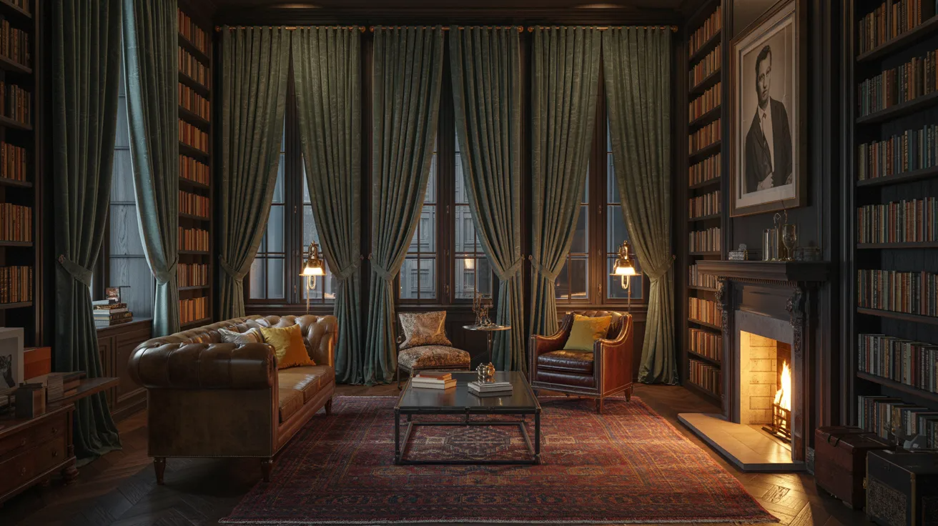  A cozy library featuring a fireplace surrounded by comfortable couches for reading and relaxation.