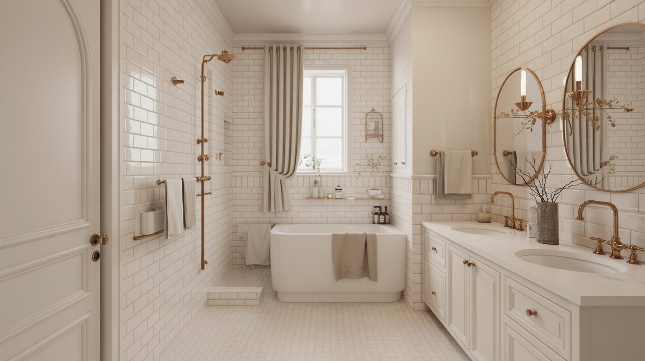 A modern bathroom featuring white tiles and elegant gold fixtures, creating a bright and luxurious atmosphere.