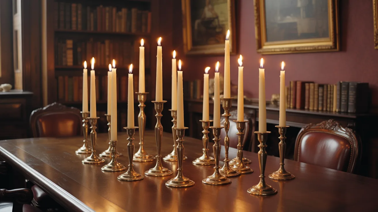 A table adorned with numerous candles of various sizes, creating a warm and inviting atmosphere.
