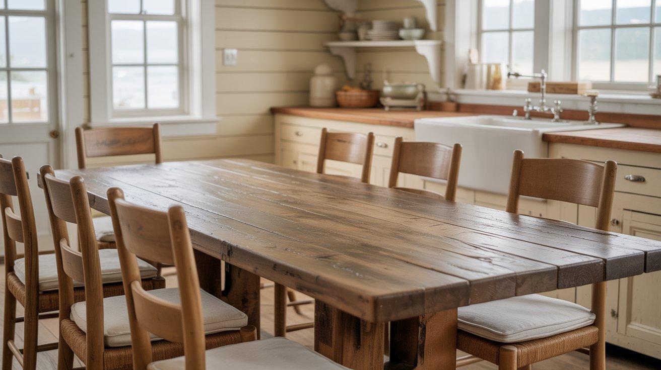 A wooden table with matching chairs set in a cozy kitchen, showcasing a warm and inviting dining space.