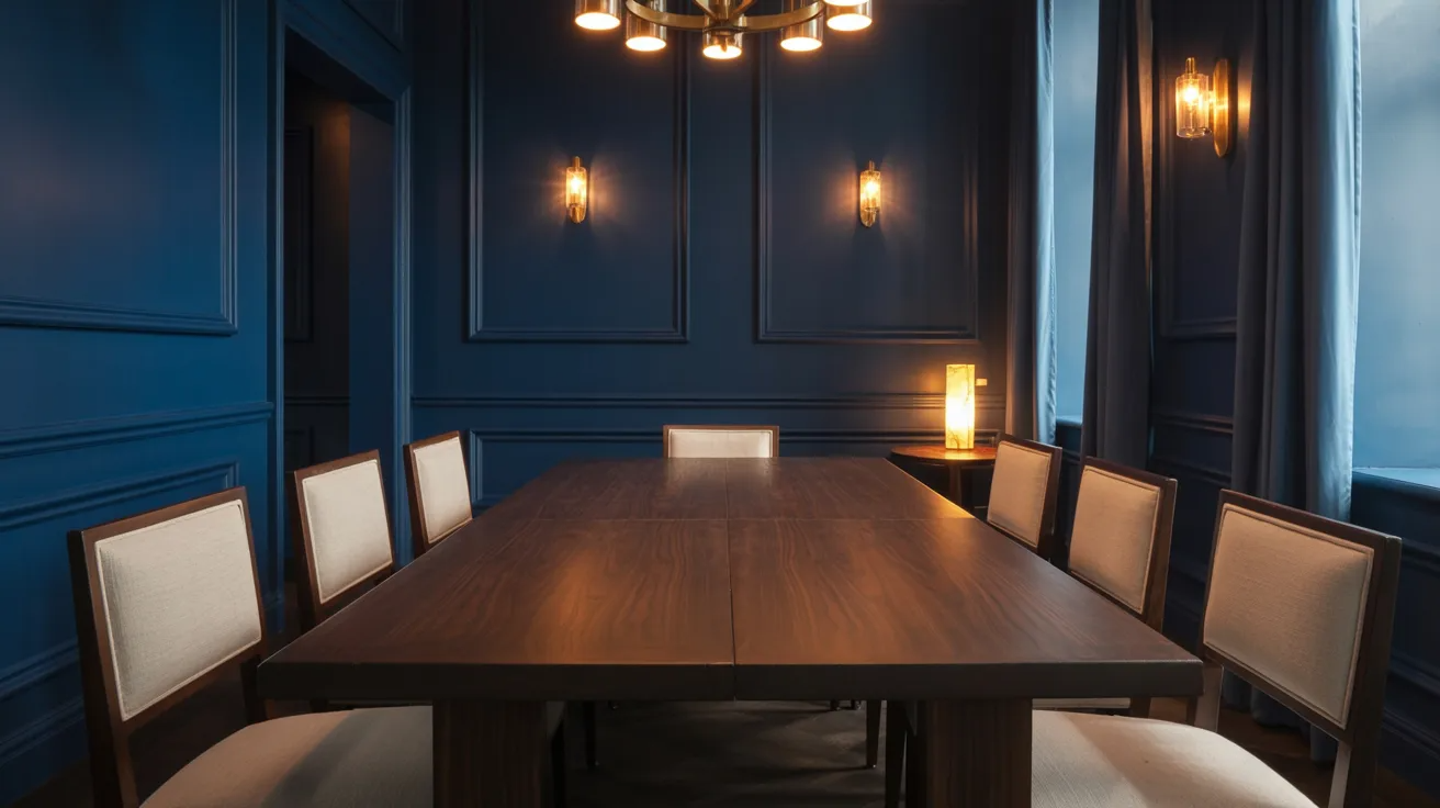  A dining room featuring blue walls and a wooden table, creating a cozy and inviting atmosphere.