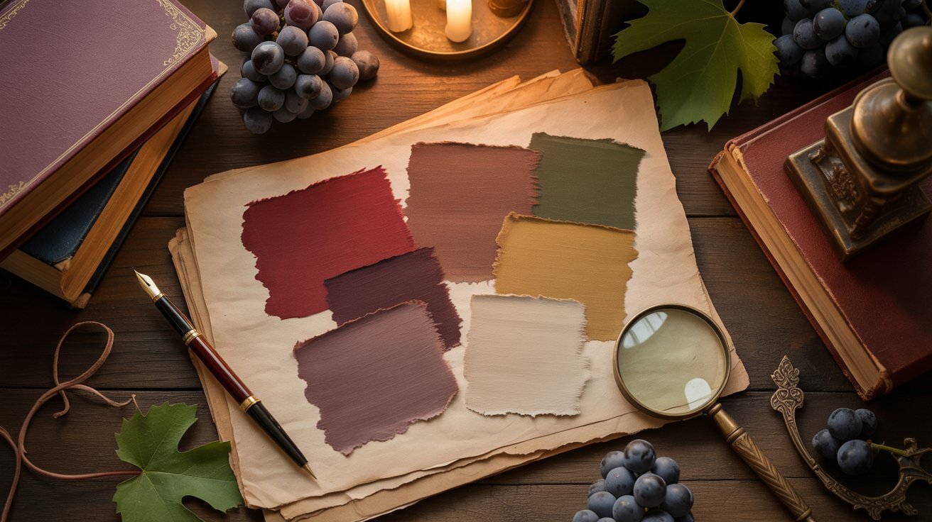 A table featuring multiple paint colors with a magnifying glass placed nearby.

