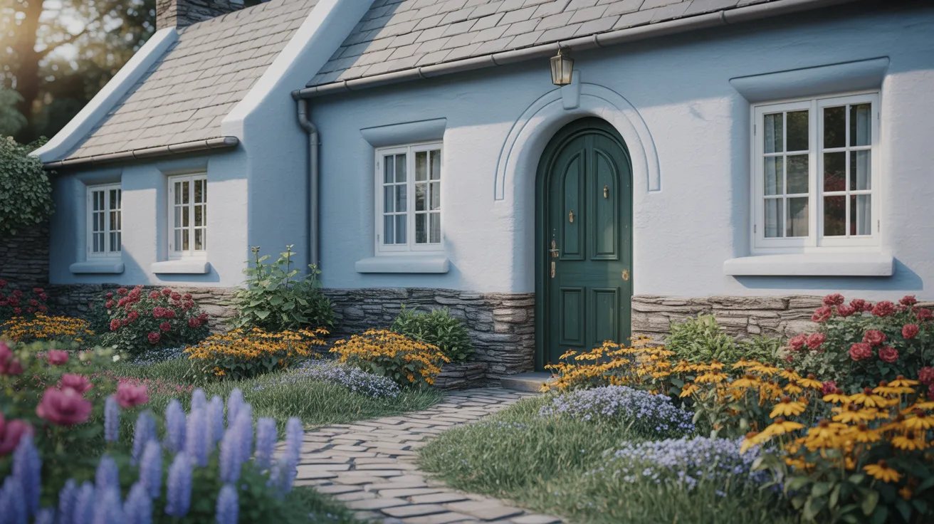 A blue cottage surrounded by colorful flowers, with a winding path leading to the entrance.