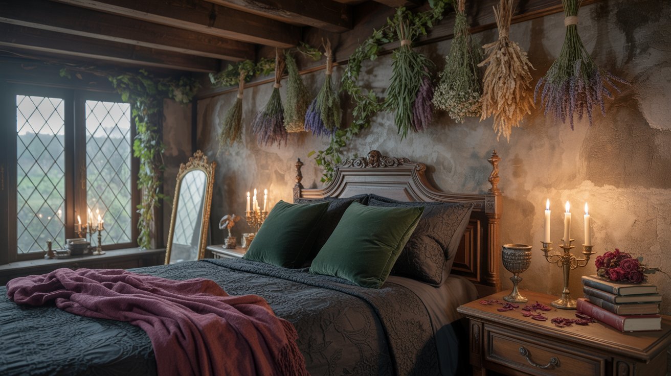 A cozy bedroom featuring a bed and candles elegantly hanging from the ceiling, creating a warm ambiance.