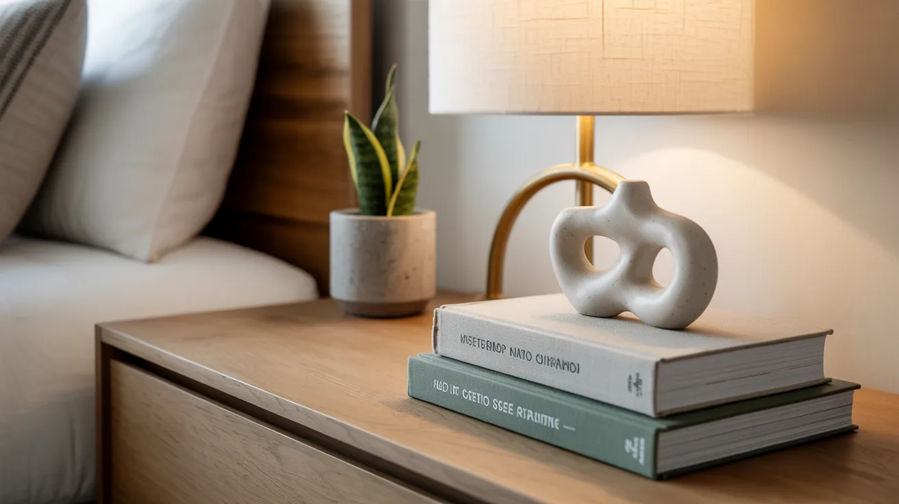 A bedside lamp on a nightstand beside a book and a small potted plant, creating a cozy atmosphere.
