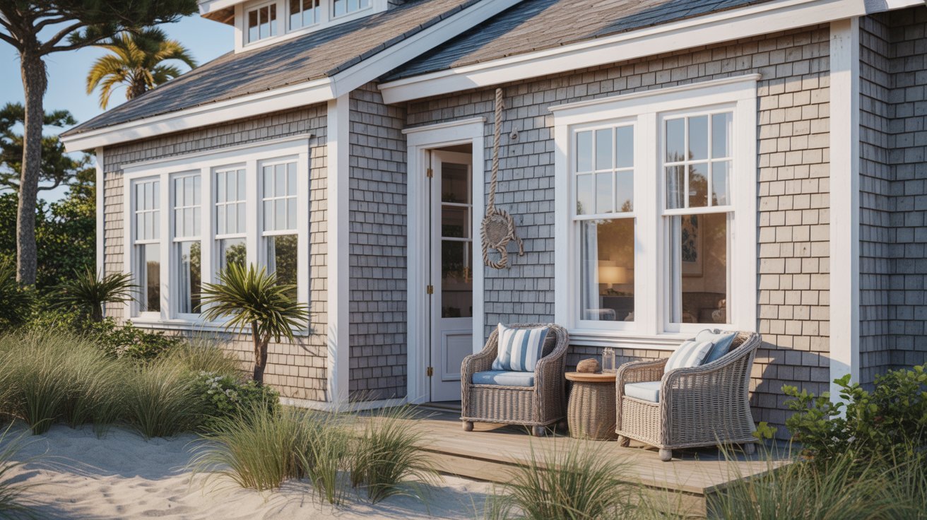  A beach house featuring wicker chairs on a welcoming porch, surrounded by a serene coastal landscape.
