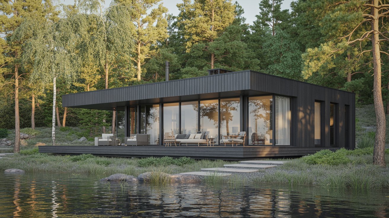 A sleek modern cabin nestled in the woods, overlooking a serene body of water.

