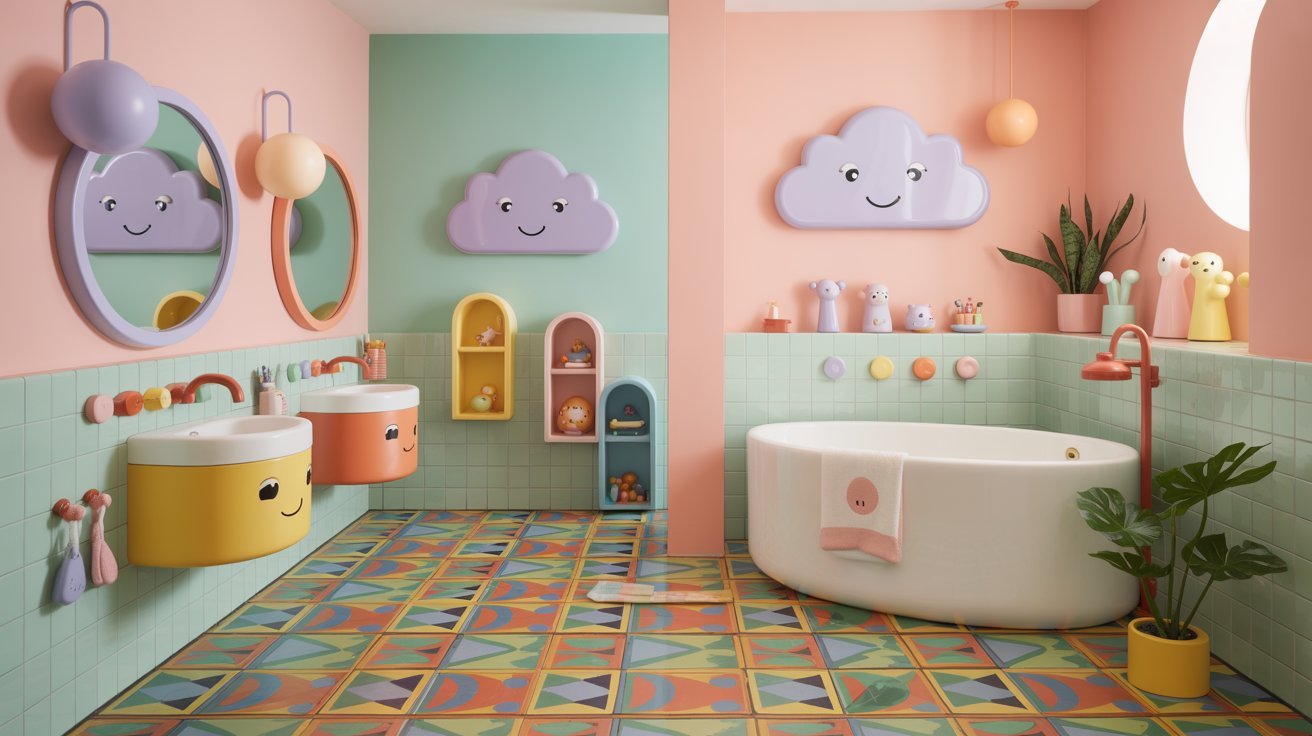 A vibrant bathroom featuring a pink and yellow color scheme, showcasing colorful decor and accessories.