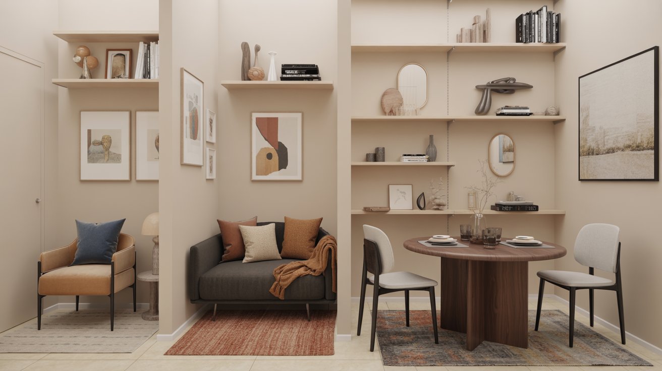 A cozy small living room featuring a couch, a chair, and a table arranged for comfort and relaxation.