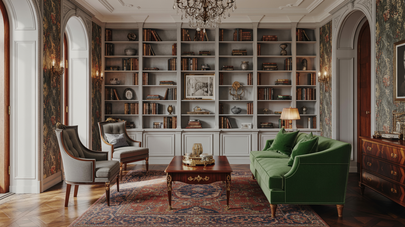 A cozy living room featuring a large bookcase and a green couch, creating a welcoming reading space.