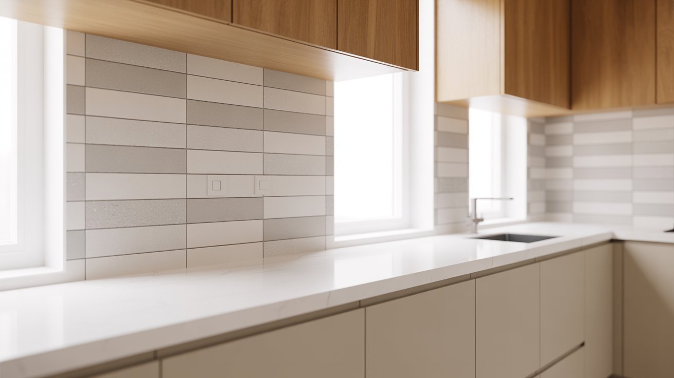 A kitchen featuring a mix of white and wooden cabinets, creating a modern and warm atmosphere.