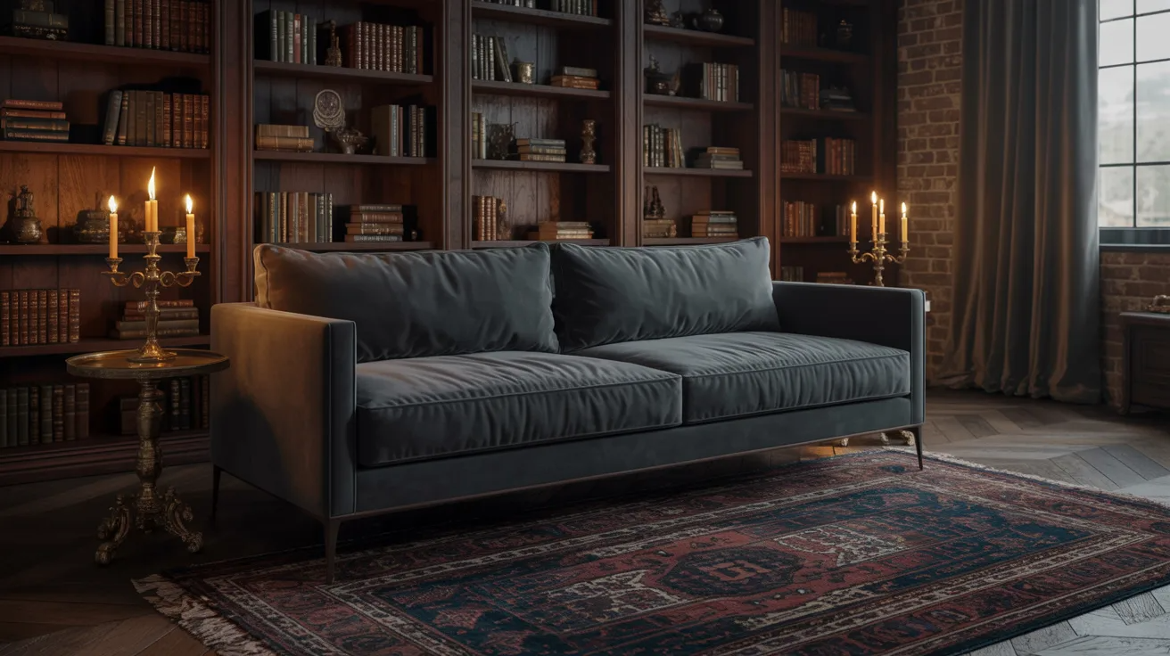 A cozy living room featuring a comfortable couch and well-stocked bookshelves against the walls.