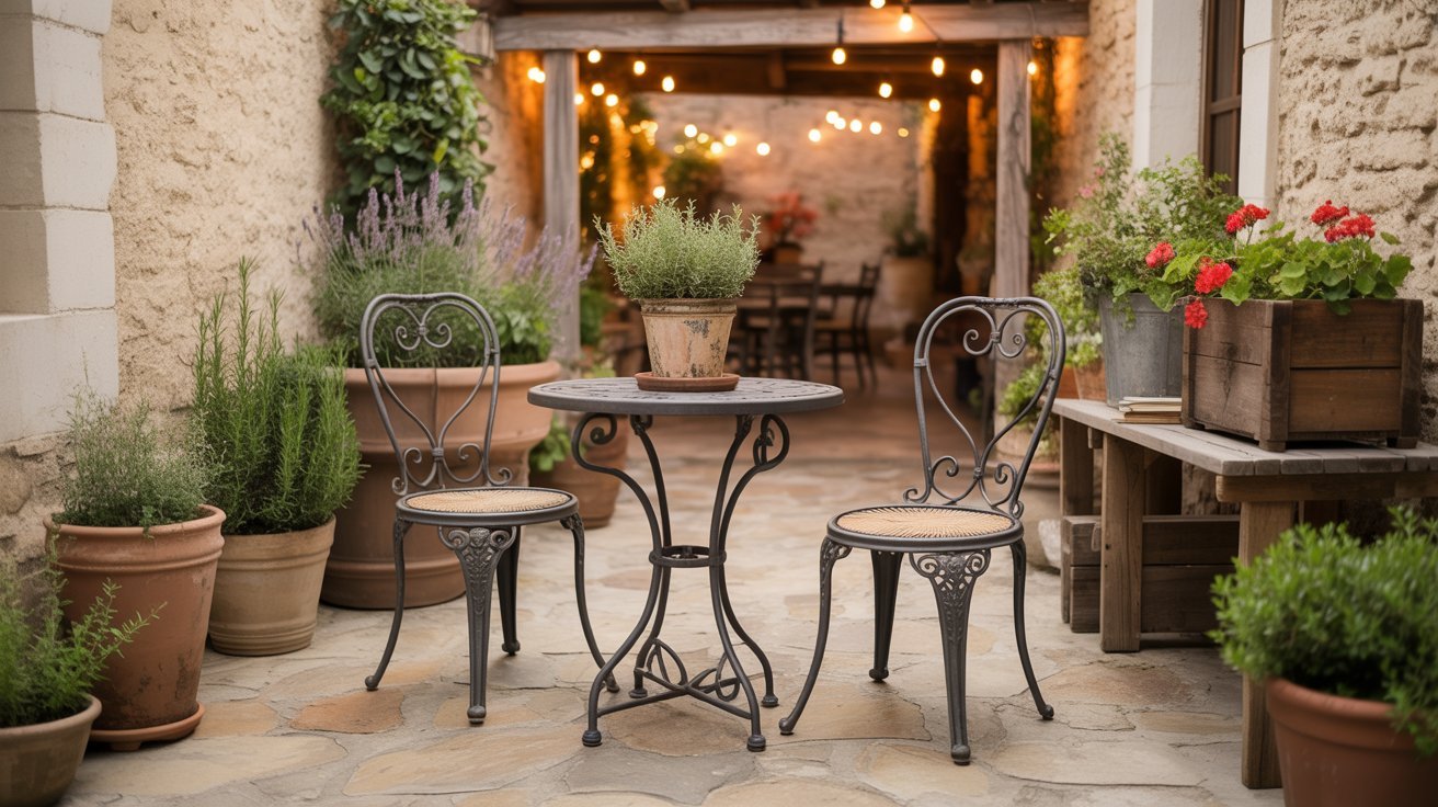A patio table with chairs set in a sunny courtyard, surrounded by greenery and decorative elements.