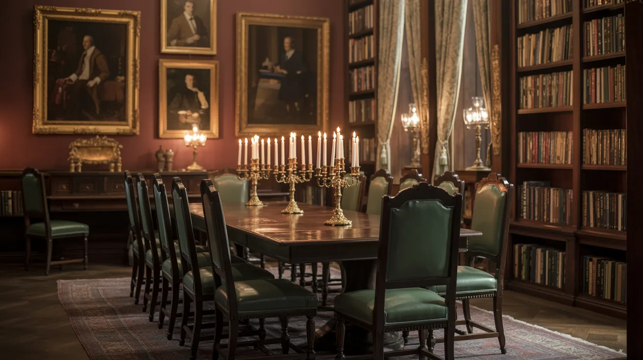 The elegant dining room at the Royal Library of Canterbury, featuring ornate furnishings and historical decor.
