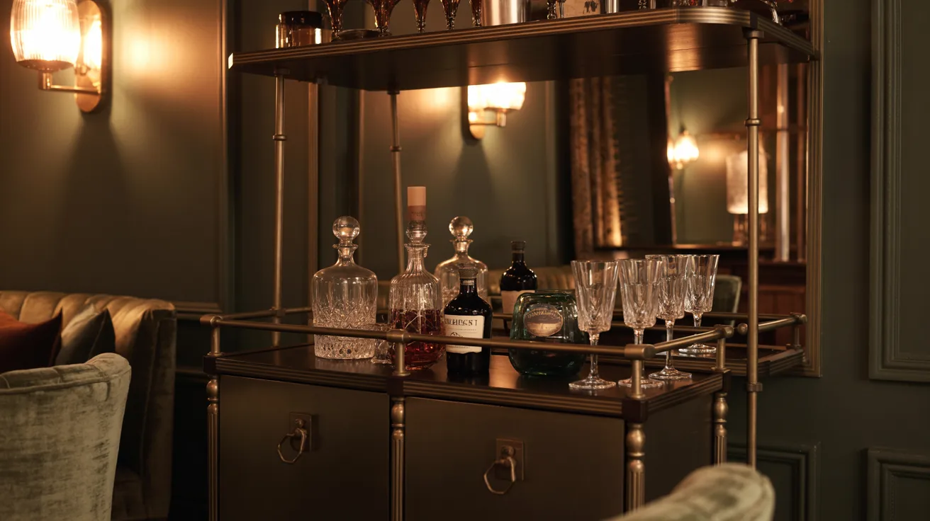 A stylish bar featuring a gold cabinet and a large mirror reflecting the elegant decor.

