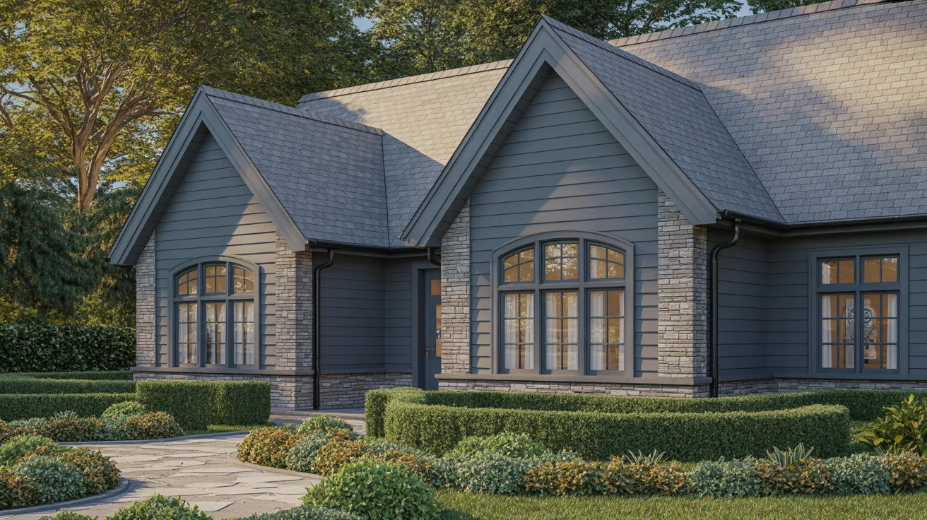 A rendering of a house featuring a modern gray exterior with clean lines and a simple design.