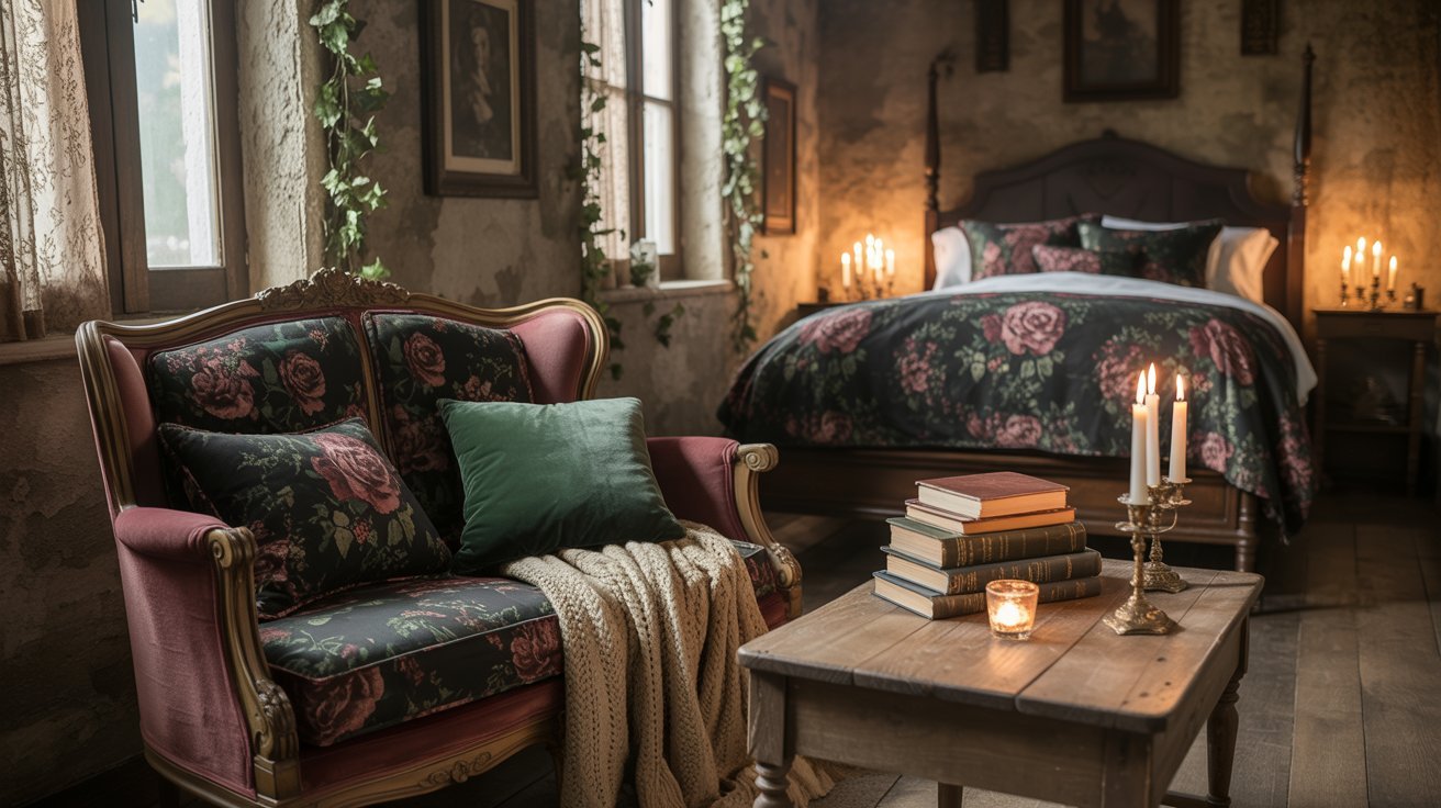  A cozy bedroom featuring a bed, a chair, and a small table, creating a warm and inviting atmosphere.