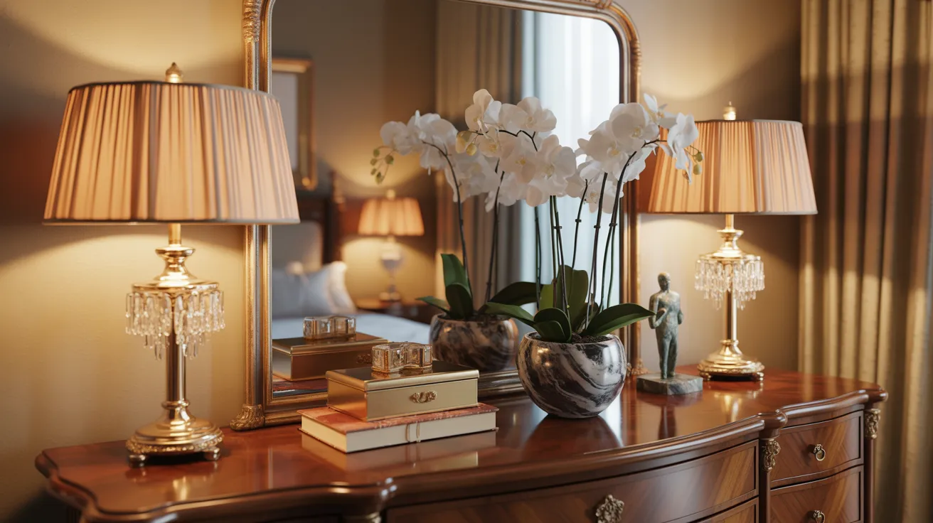 A dresser displays a mirror, a lamp, and a vase, creating a stylish and functional arrangement.