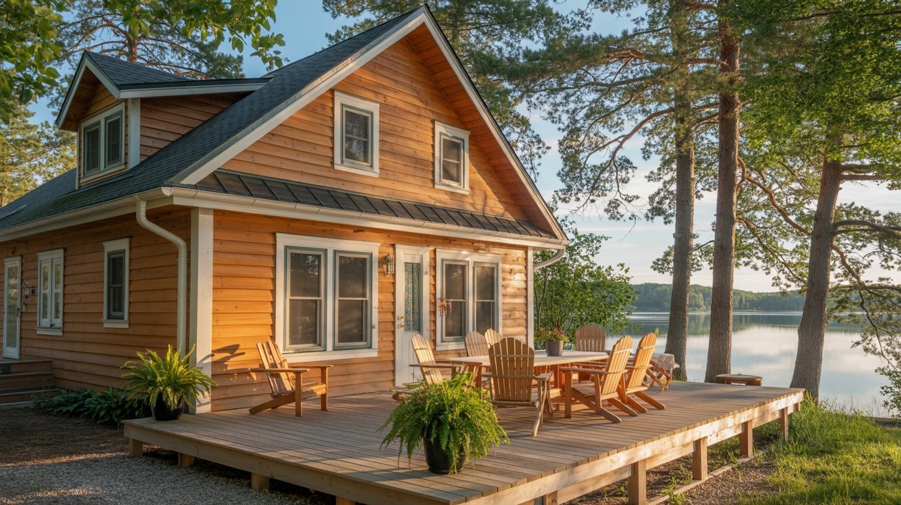 A small cabin featuring a deck with chairs, surrounded by nature, inviting relaxation and outdoor enjoyment.