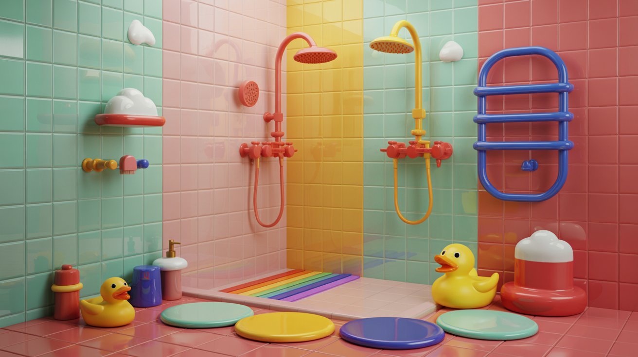 A vibrant bathroom featuring colorful toys scattered around and a shower, creating a playful atmosphere.