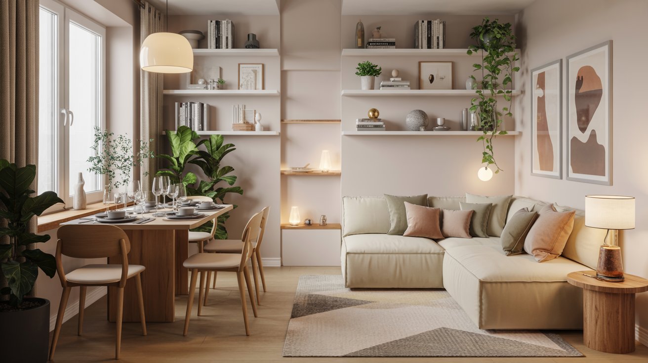 A chic living room showcasing a cozy couch, a minimalist table, and shelves filled with books and decor.