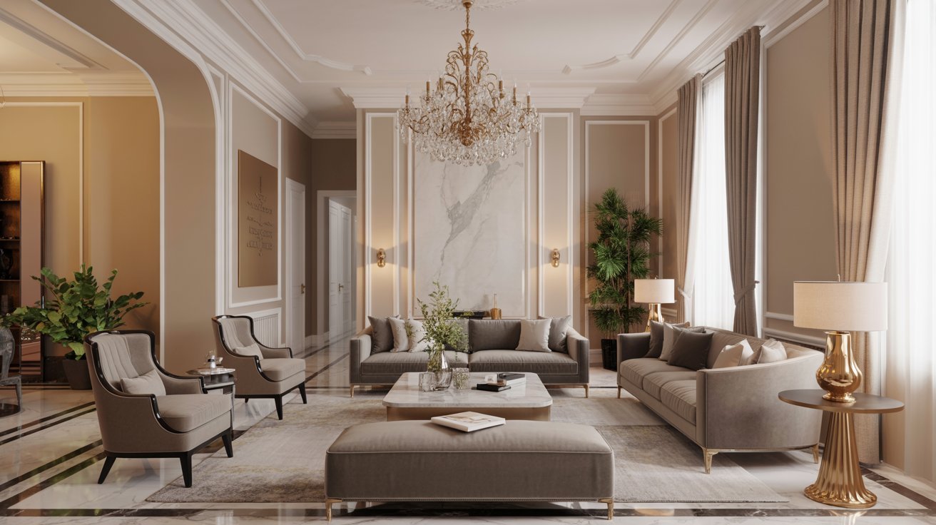 A spacious living room featuring a large chandelier and elegant marble flooring.