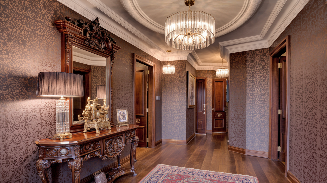 A spacious hallway showcasing a chandelier and a table, creating an inviting atmosphere.