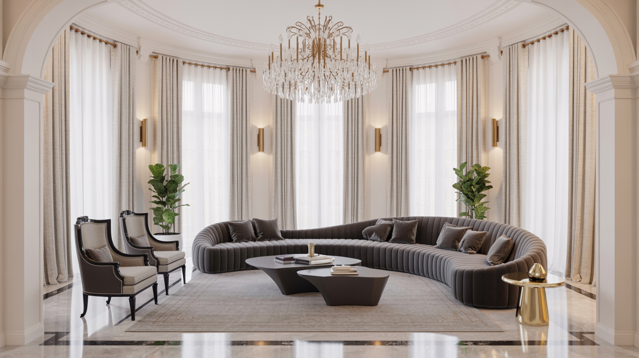 A spacious living room featuring a large curved sofa and an elegant chandelier hanging from the ceiling.