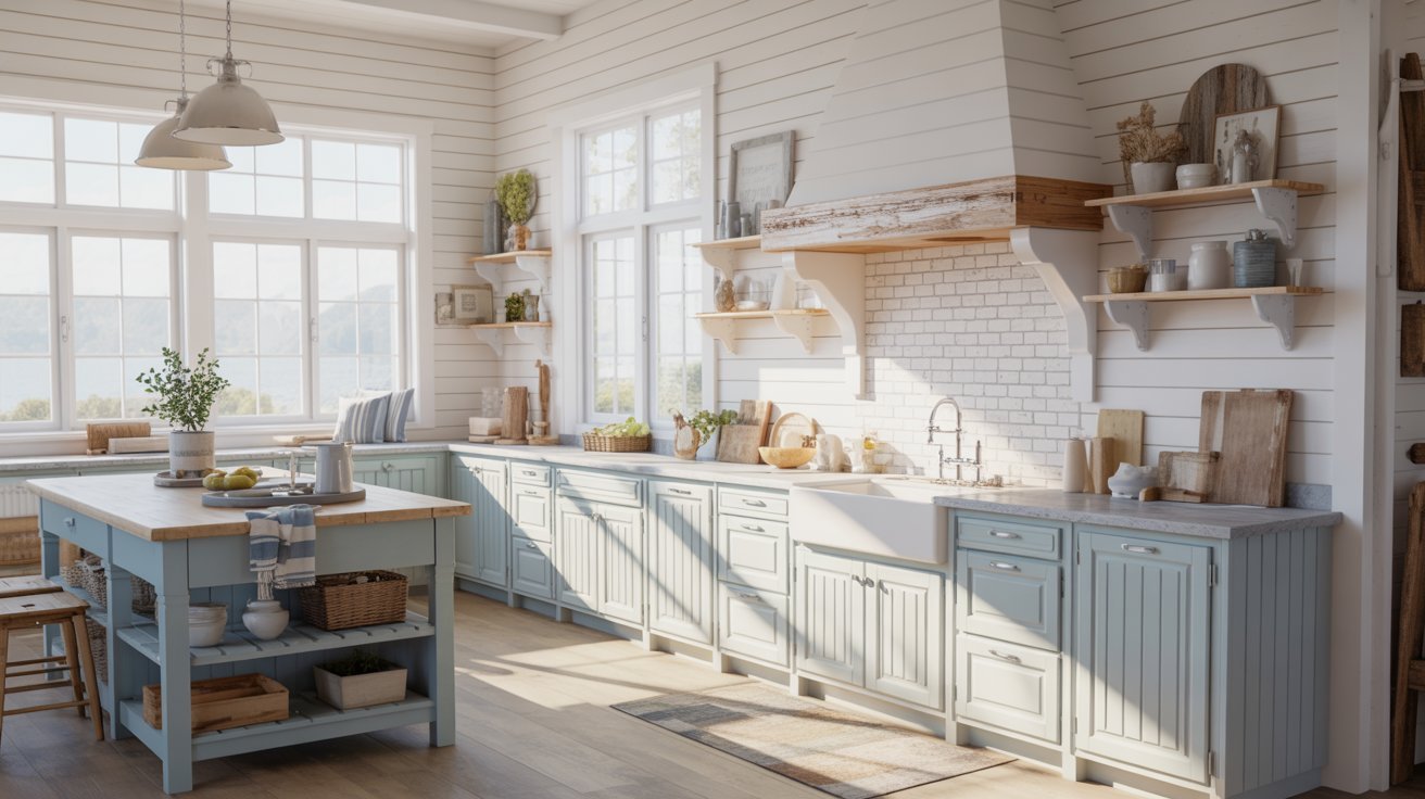 A kitchen featuring blue cabinets and warm wooden floors, creating a cozy and inviting atmosphere.