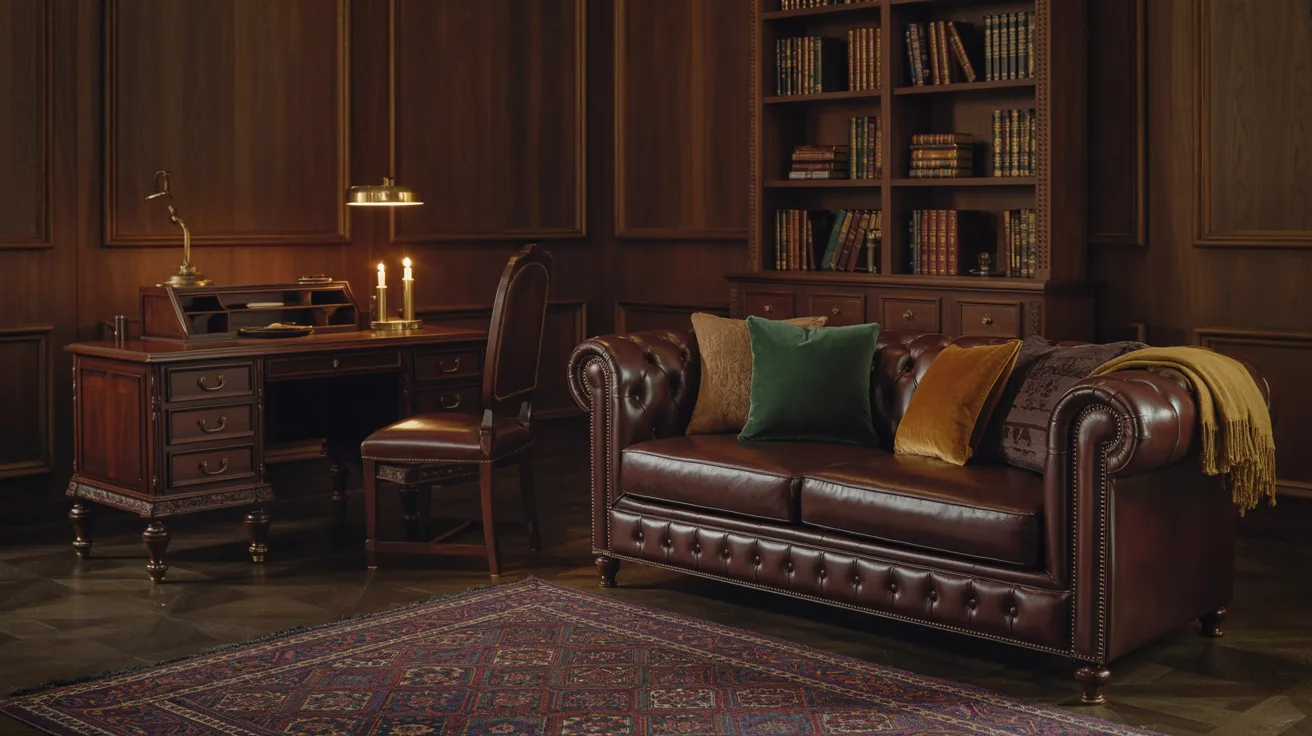 A leather sofa and desk are positioned in a room lined with bookshelves filled with various books.