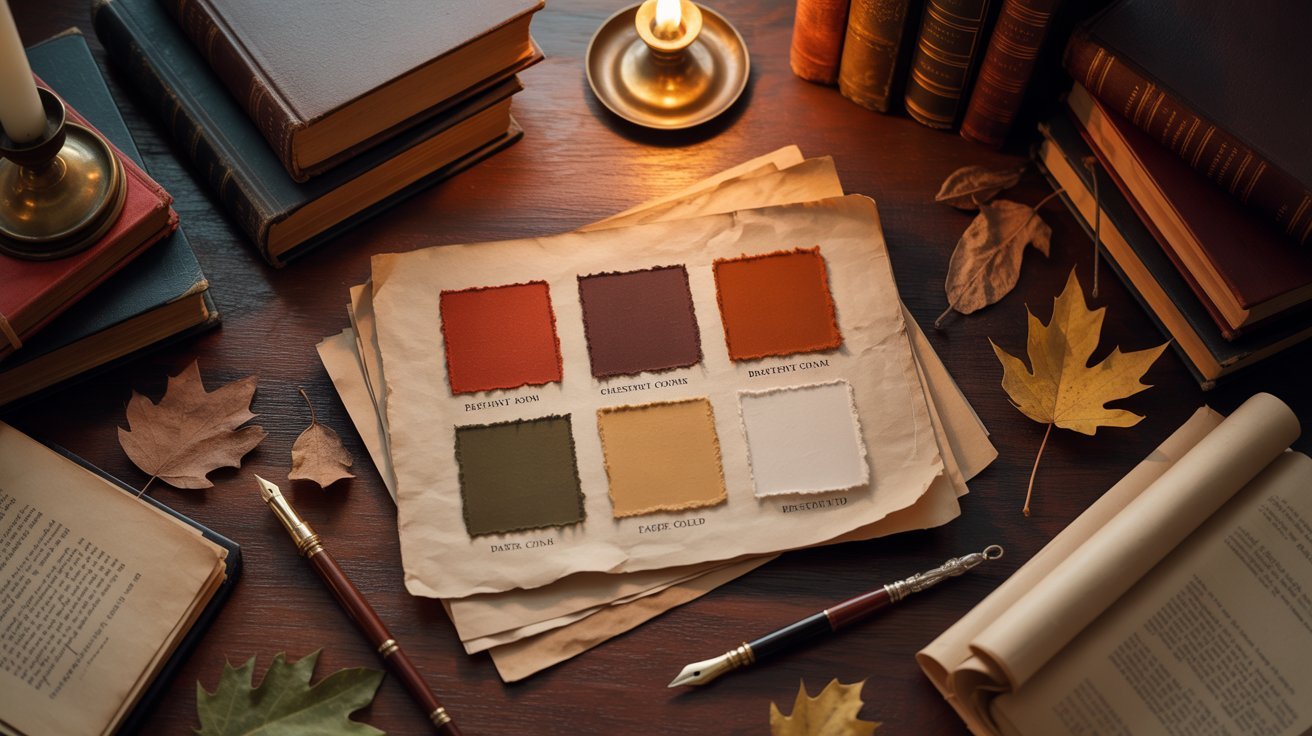  An old book rests beside a lit candle, ink, and a vibrant color palette, evoking a creative atmosphere.