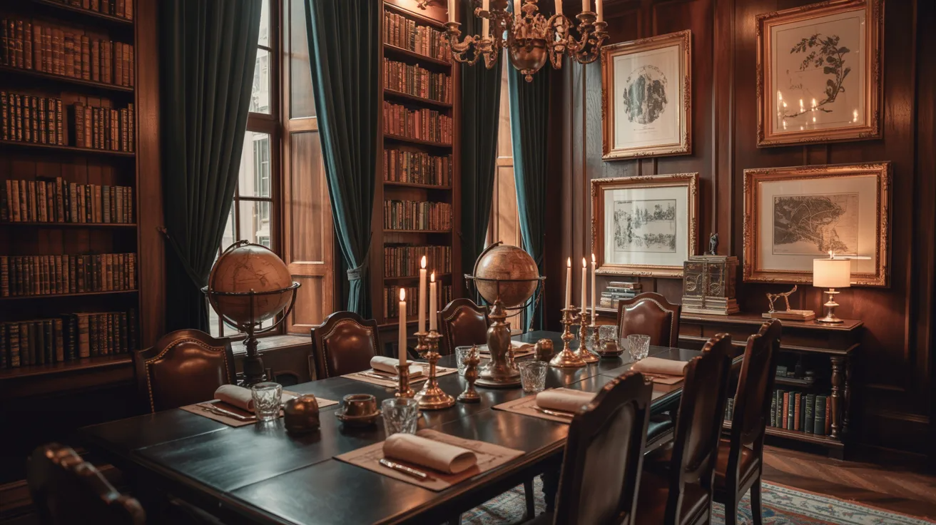 A dining room featuring a table and chairs positioned in front of a large, filled bookcase.

