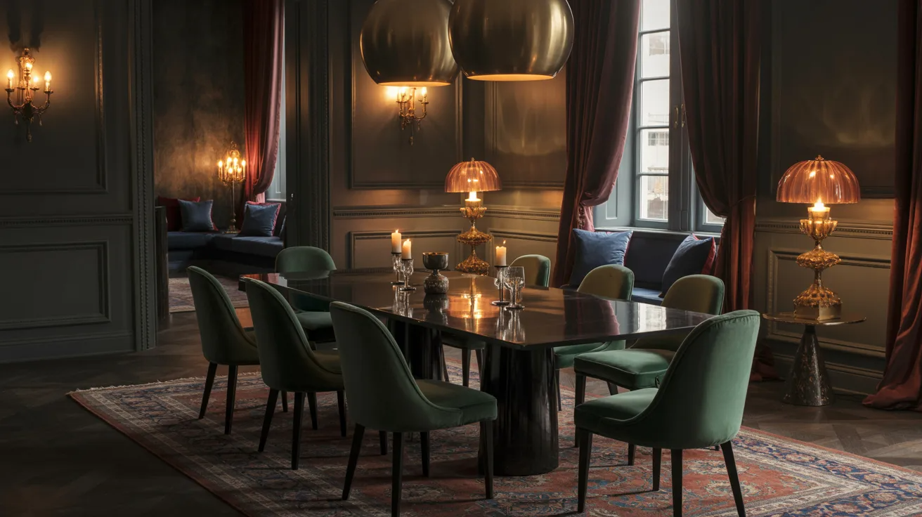 A dining room featuring green chairs surrounding a wooden table, creating a cozy and inviting atmosphere.