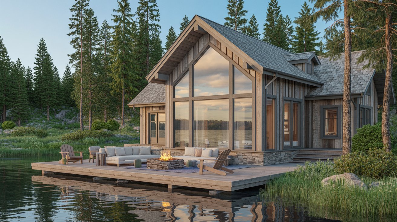  A cozy cabin on the water featuring a deck and a fire pit, surrounded by serene natural scenery.
