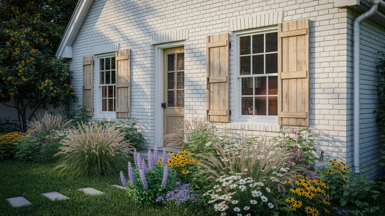 A small white house surrounded by a vibrant garden filled with colorful flowers.