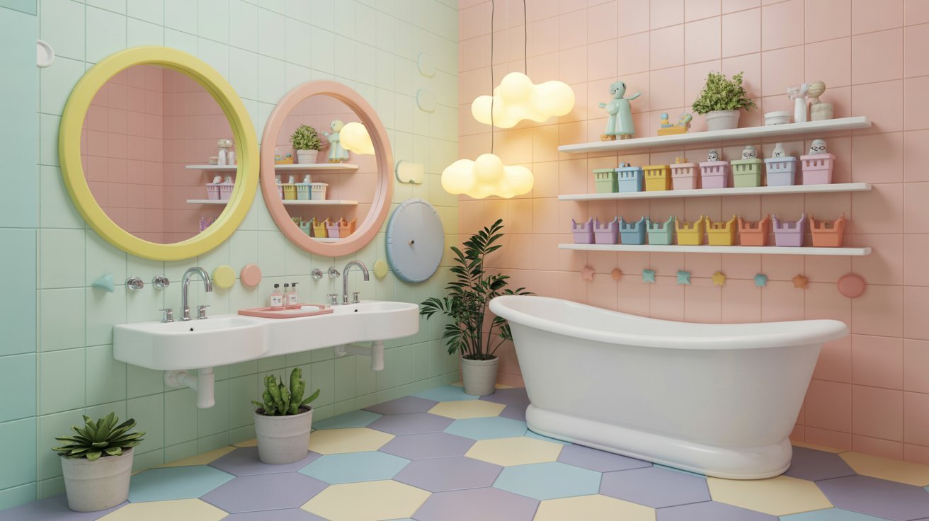 A vibrant bathroom featuring colorful tiles and a stylish bathtub, creating a cheerful and inviting atmosphere.
