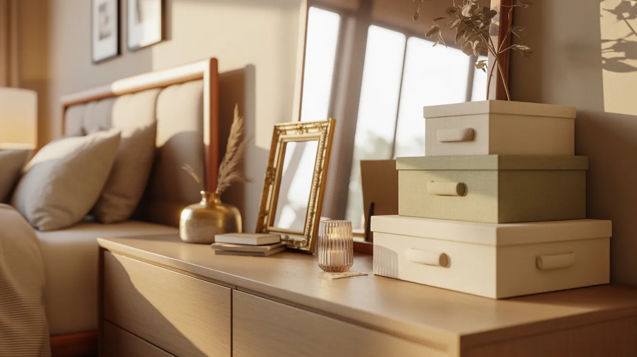 A cozy bedroom featuring a neatly made bed, a wooden dresser, and a stylish mirror reflecting the room's decor.