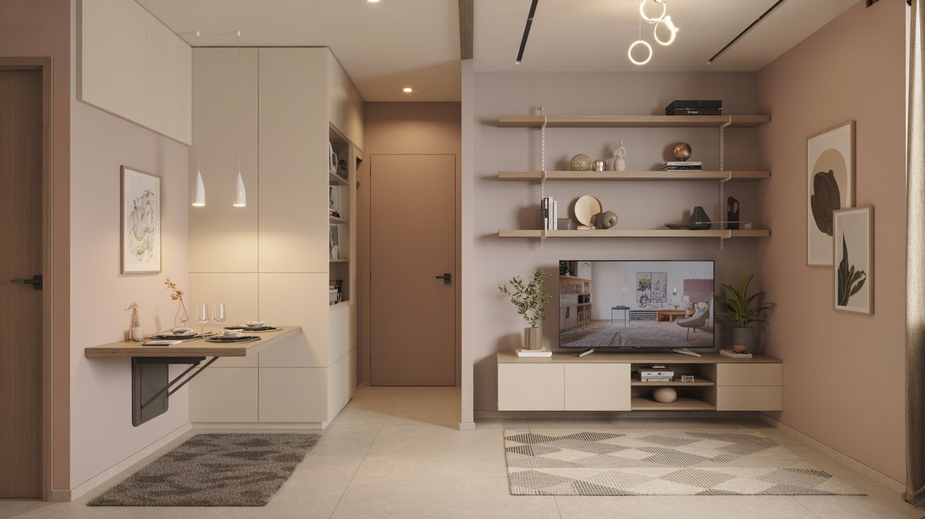 A small apartment featuring a cozy living room, compact kitchen, and a bedroom, showcasing efficient use of space.