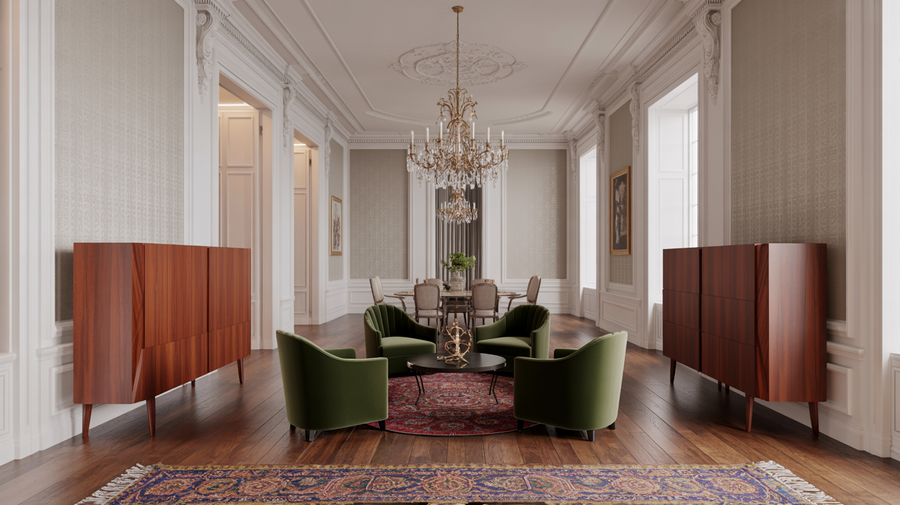 A cozy living room featuring a patterned rug and two comfortable chairs arranged for conversation.
