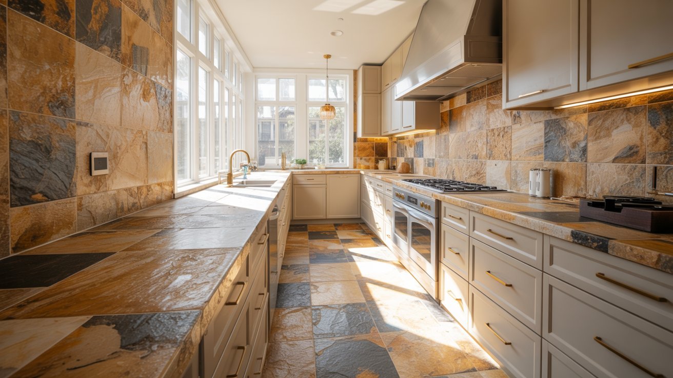 A bright kitchen featuring a large window and a patterned tiled floor, creating an inviting atmosphere.
